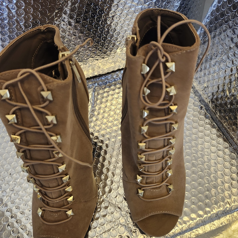 Dollhouse Tan Lace-Up Boots with Gold Studs